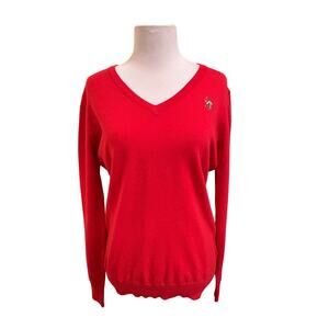 Ralph Lauren Knit Sweater V-Neck Color-Embroidered Pony Cherry Red Size M